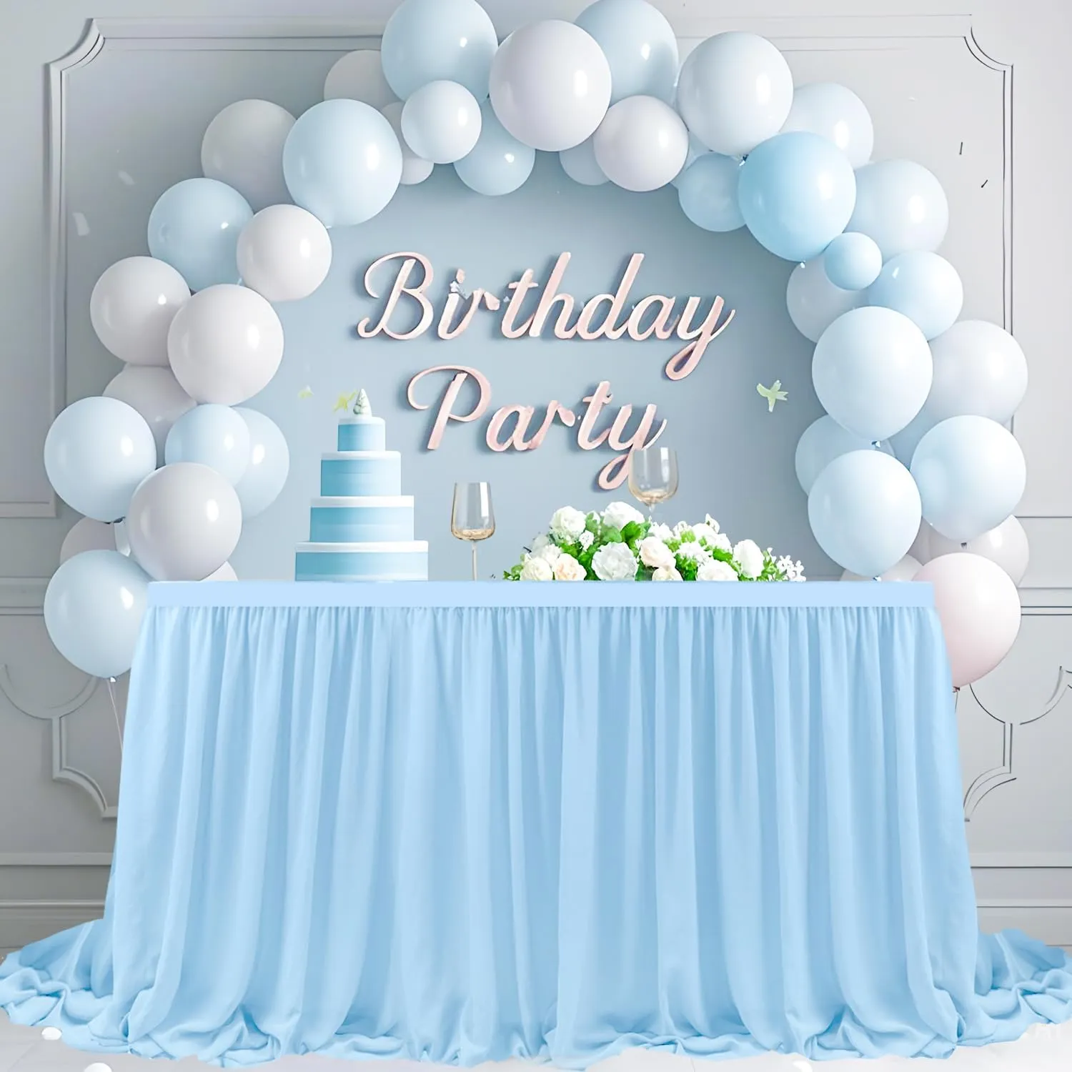 MODFUNS Light Blue Table Skirt 9ft Sheer Table Skirts for Rectangle Tables Double Layer Chiffon Table Skirting Ruffle Table Cloth Skirt Tulle Table Cover for Wedding Banquet Reception Decor