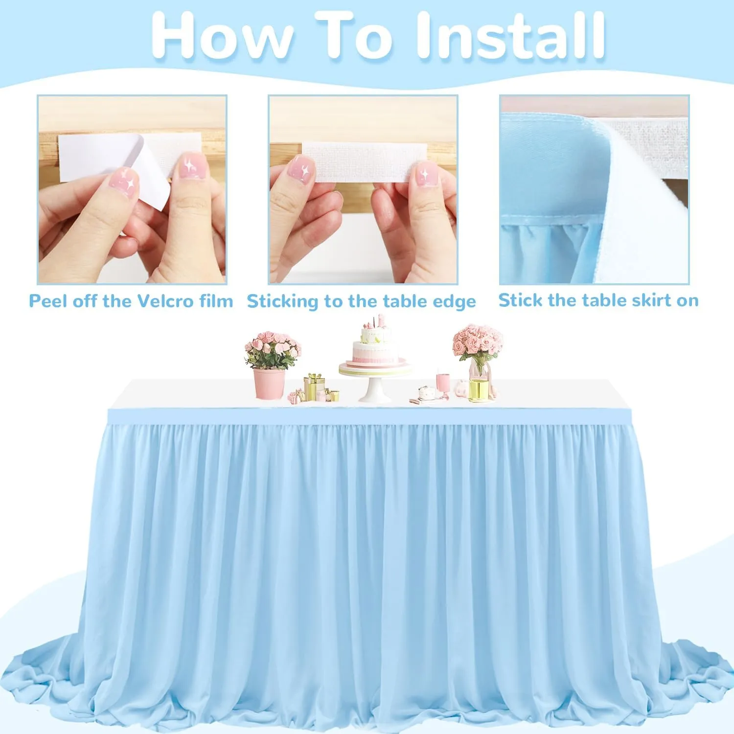 MODFUNS Light Blue Table Skirt 9ft Sheer Table Skirts for Rectangle Tables Double Layer Chiffon Table Skirting Ruffle Table Cloth Skirt Tulle Table Cover for Wedding Banquet Reception Decor