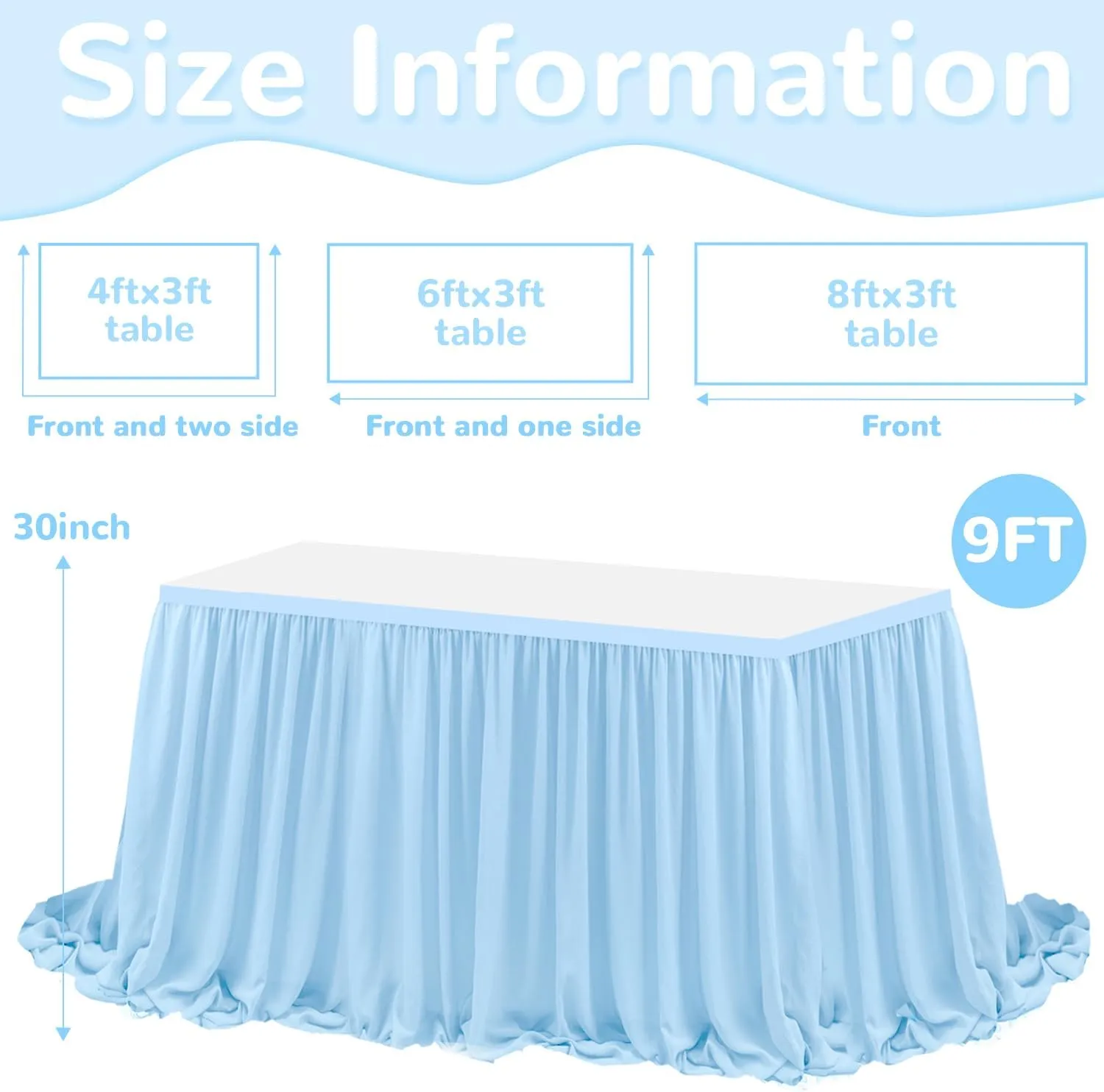 MODFUNS Light Blue Table Skirt 9ft Sheer Table Skirts for Rectangle Tables Double Layer Chiffon Table Skirting Ruffle Table Cloth Skirt Tulle Table Cover for Wedding Banquet Reception Decor