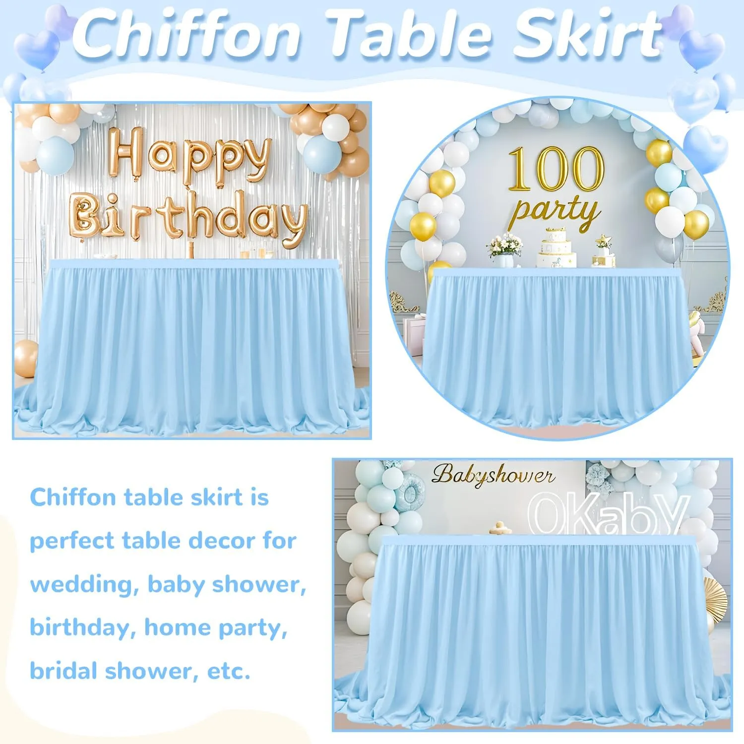 MODFUNS Light Blue Table Skirt 9ft Sheer Table Skirts for Rectangle Tables Double Layer Chiffon Table Skirting Ruffle Table Cloth Skirt Tulle Table Cover for Wedding Banquet Reception Decor