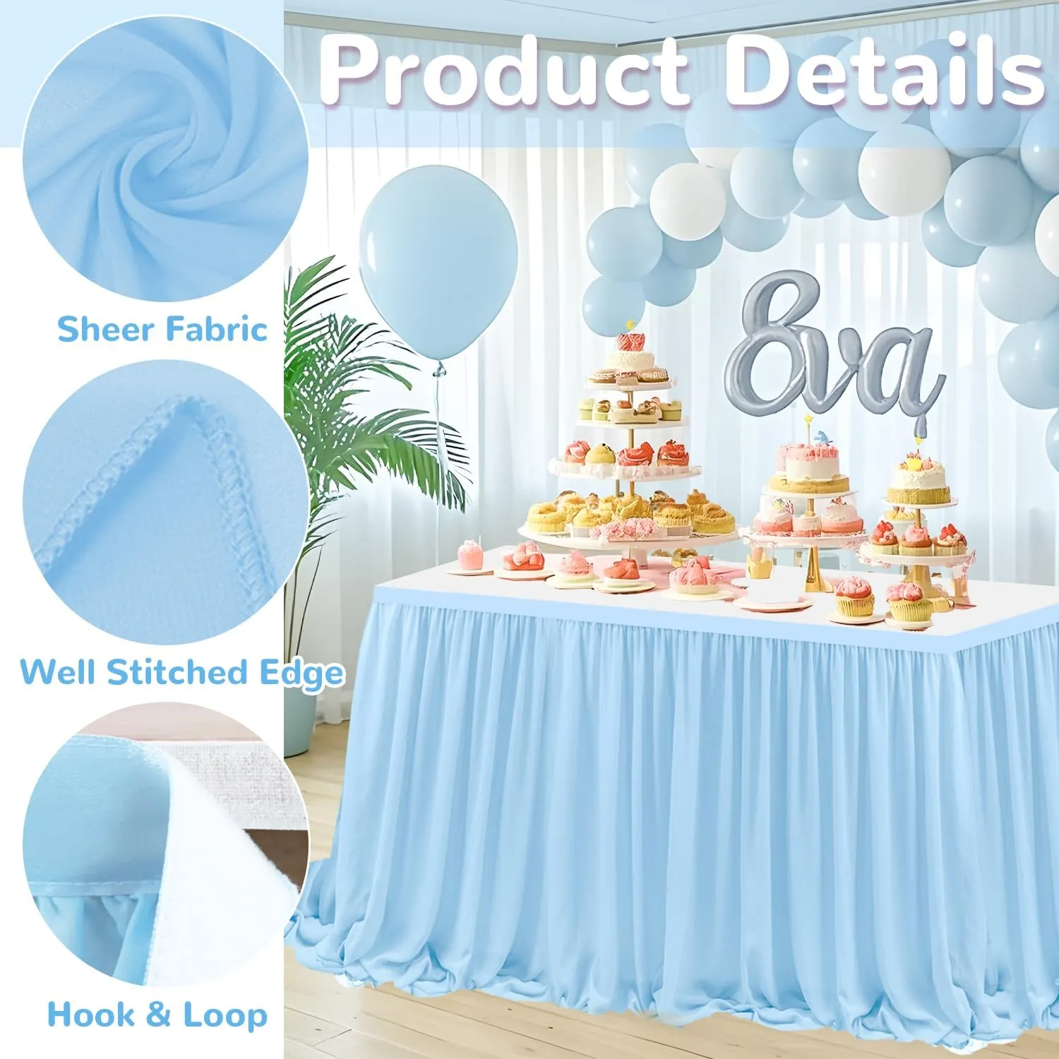 MODFUNS Light Blue Table Skirt 9ft Sheer Table Skirts for Rectangle Tables Double Layer Chiffon Table Skirting Ruffle Table Cloth Skirt Tulle Table Cover for Wedding Banquet Reception Decor