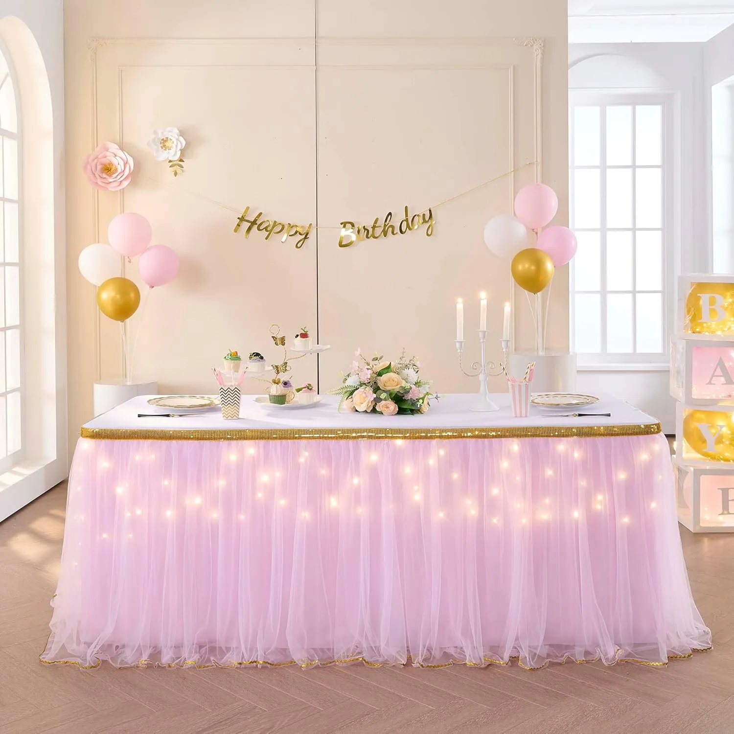 Pink Tulle Table Skirt with Lights Tutu Table Skirt for Rectangle or Round Tables 6ft Baby Shower Wedding Birthday Party Decorations
