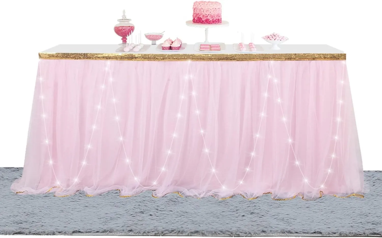 Pink Tulle Table Skirt with Lights Tutu Table Skirt for Rectangle or Round Tables 6ft Baby Shower Wedding Birthday Party Decorations