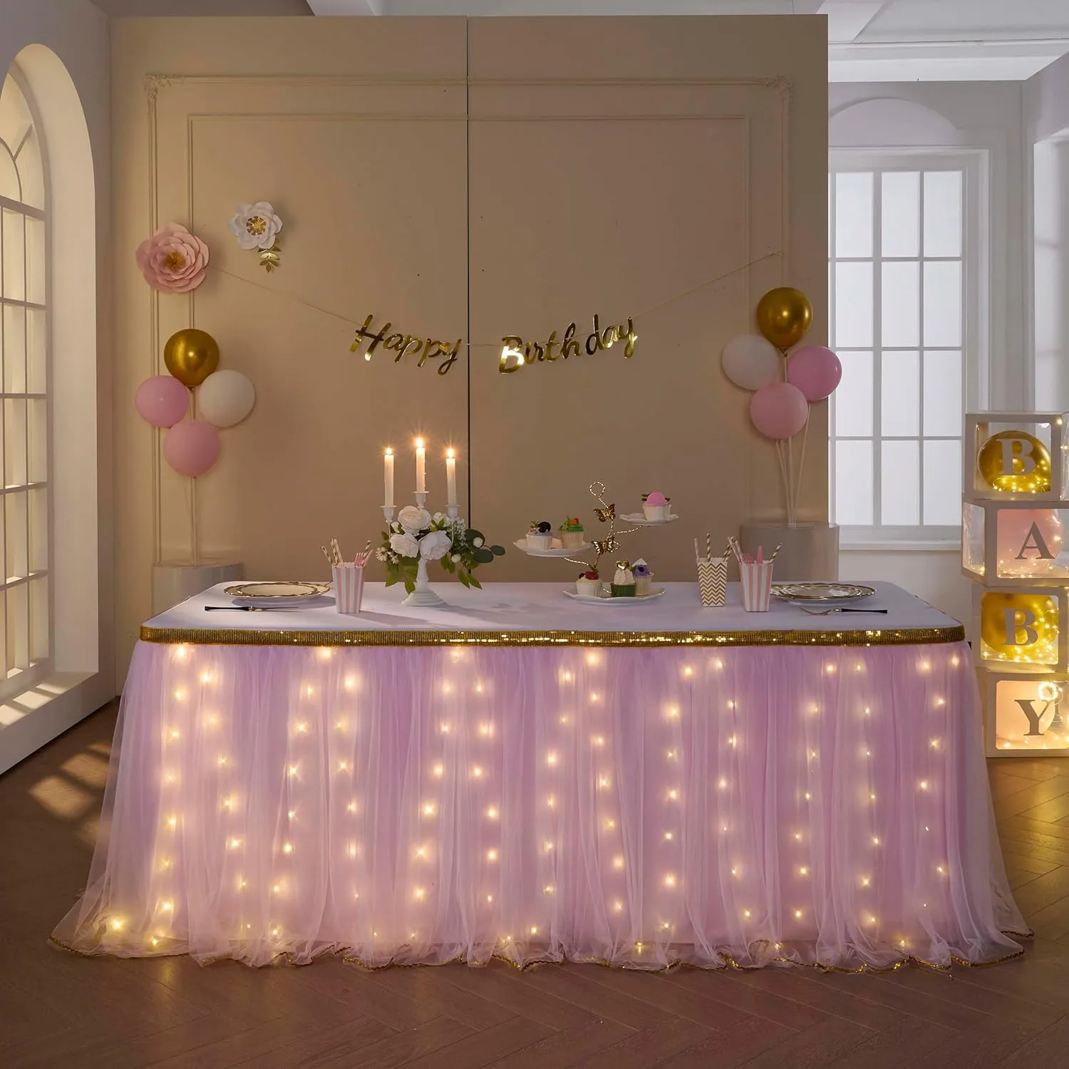 Pink Tulle Table Skirt with Lights Tutu Table Skirt for Rectangle or Round Tables 6ft Baby Shower Wedding Birthday Party Decorations