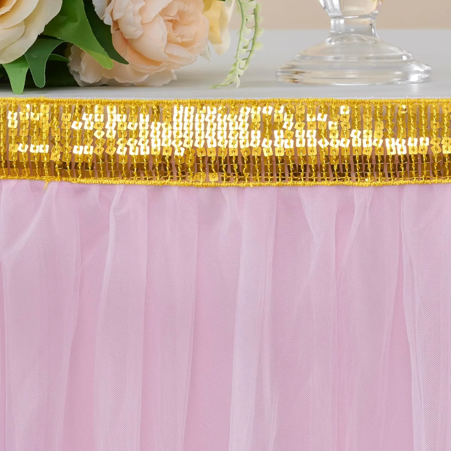 Pink Tulle Table Skirt with Lights Tutu Table Skirt for Rectangle or Round Tables 6ft Baby Shower Wedding Birthday Party Decorations