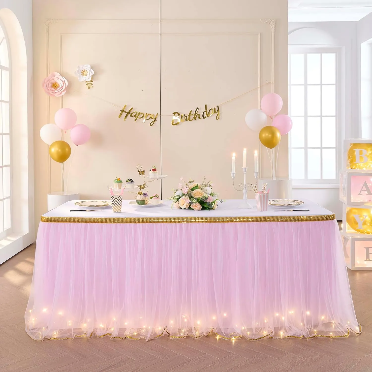 Pink Tulle Table Skirt with Lights Tutu Table Skirt for Rectangle or Round Tables 6ft Baby Shower Wedding Birthday Party Decorations
