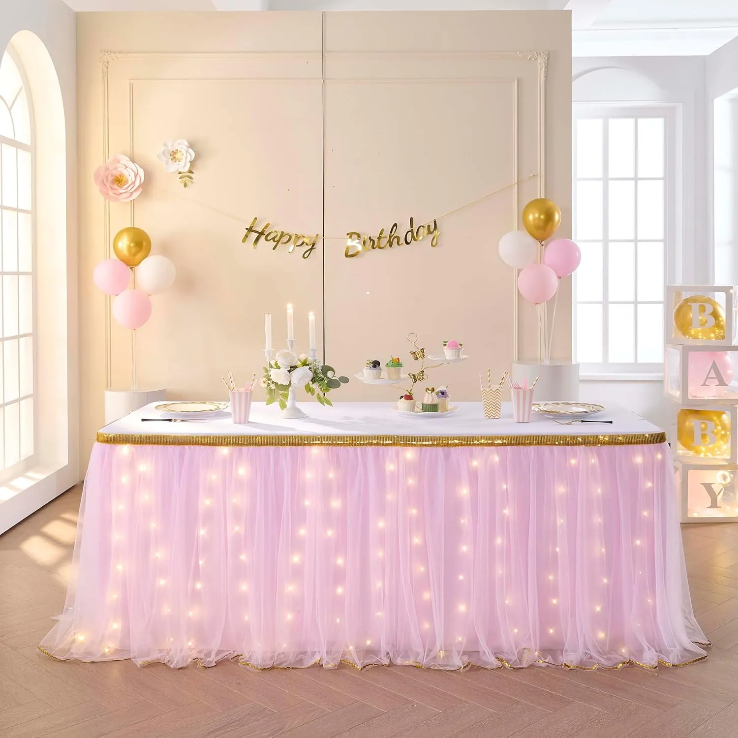 Pink Tulle Table Skirt with Lights Tutu Table Skirt for Rectangle or Round Tables 6ft Baby Shower Wedding Birthday Party Decorations