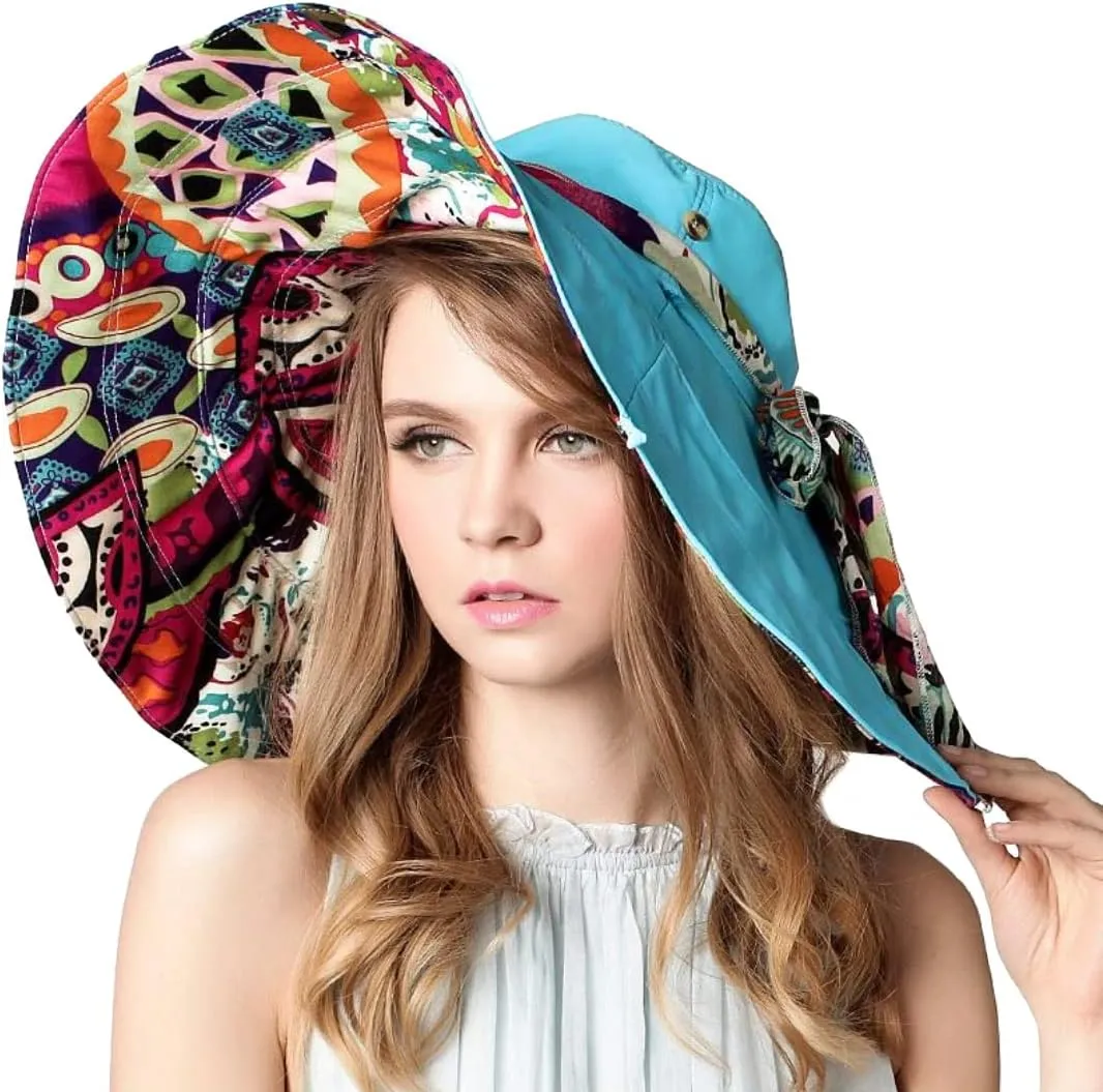 Reversible Large Brim Floppy Sun Hat Foldable Bucket Beach Hat Anti-UV Travel Boho Cap for Women Chin Strap