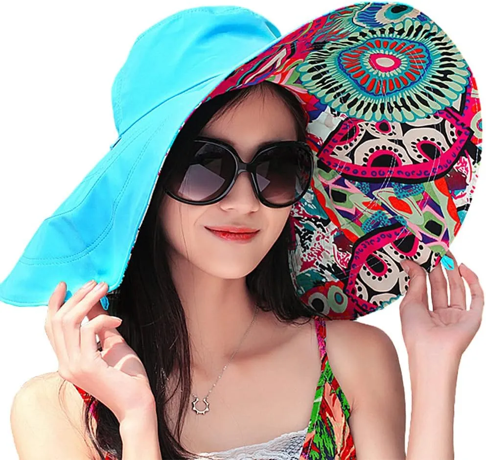 Reversible Large Brim Floppy Sun Hat Foldable Bucket Beach Hat Anti-UV Travel Boho Cap for Women Chin Strap
