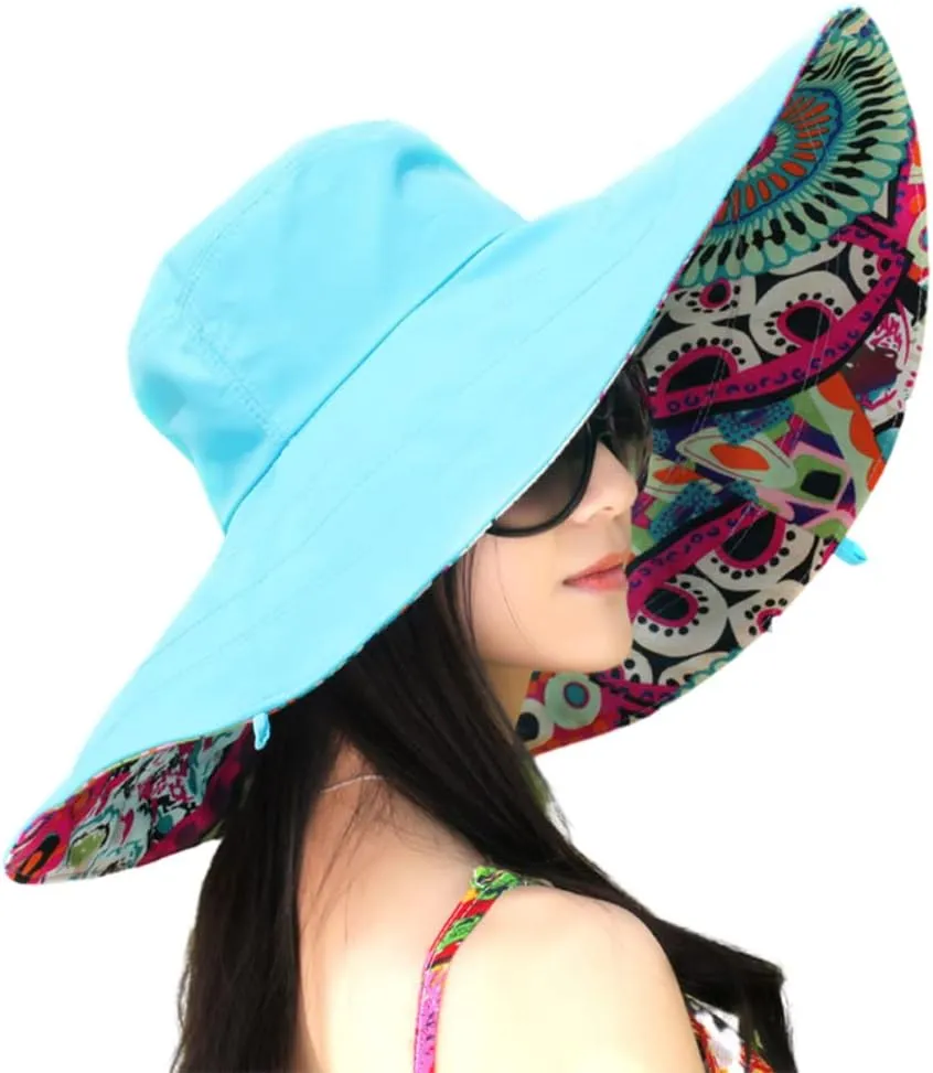 Reversible Large Brim Floppy Sun Hat Foldable Bucket Beach Hat Anti-UV Travel Boho Cap for Women Chin Strap