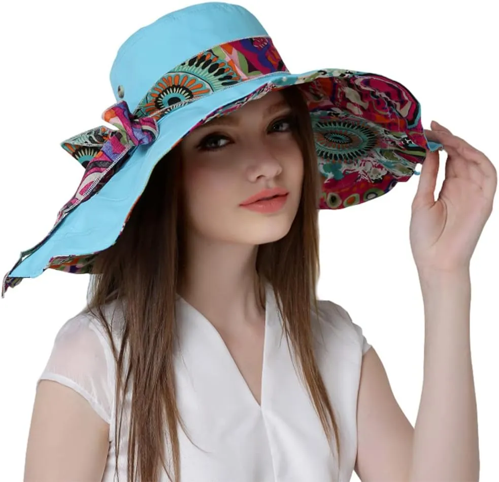 Reversible Large Brim Floppy Sun Hat Foldable Bucket Beach Hat Anti-UV Travel Boho Cap for Women Chin Strap