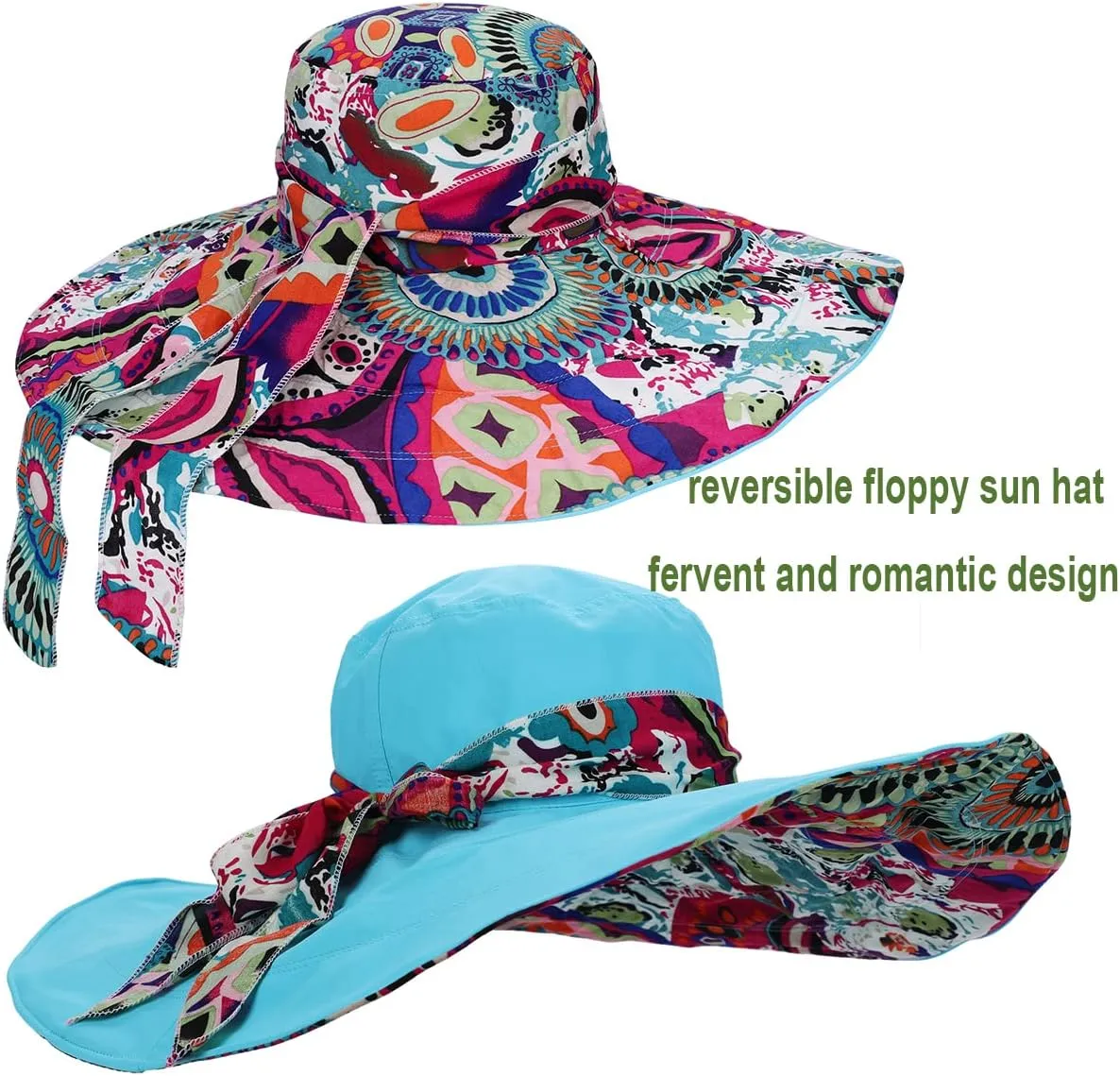 Reversible Large Brim Floppy Sun Hat Foldable Bucket Beach Hat Anti-UV Travel Boho Cap for Women Chin Strap
