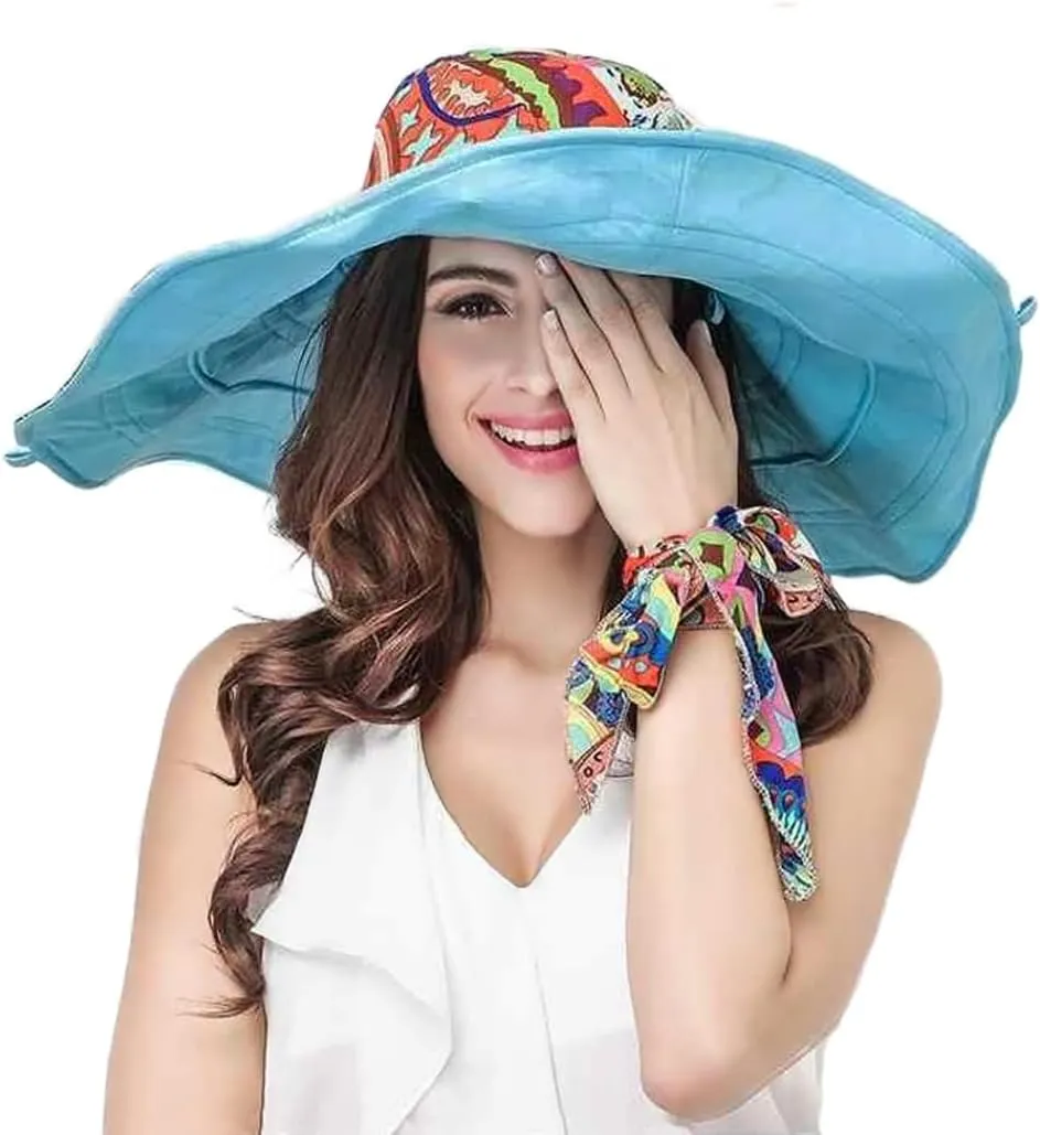 Reversible Large Brim Floppy Sun Hat Foldable Bucket Beach Hat Anti-UV Travel Boho Cap for Women Chin Strap