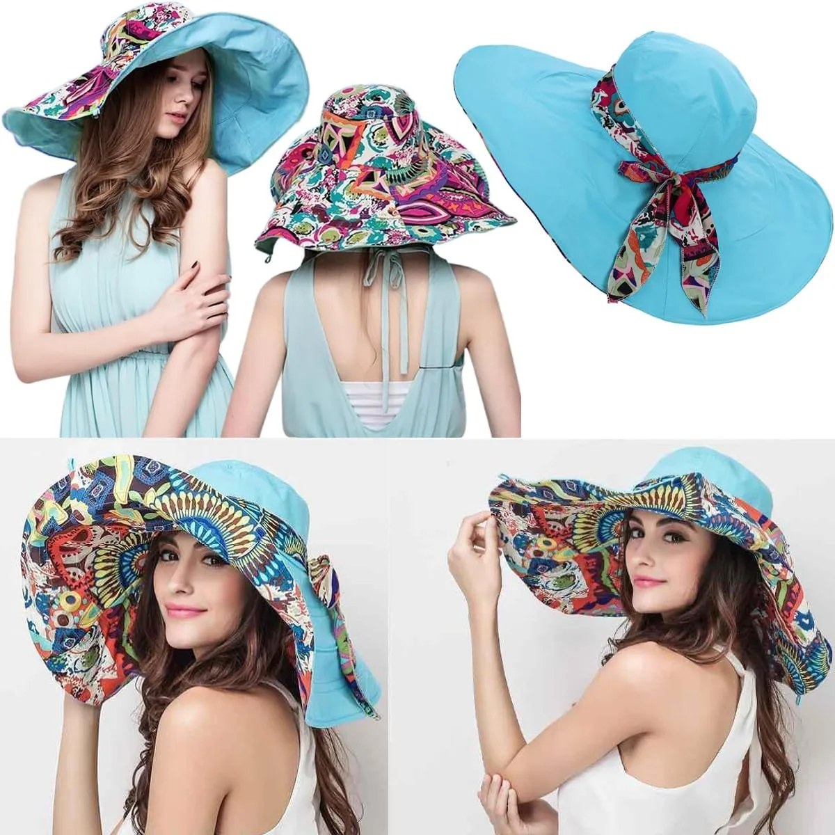 Reversible Large Brim Floppy Sun Hat Foldable Bucket Beach Hat Anti-UV Travel Boho Cap for Women Chin Strap
