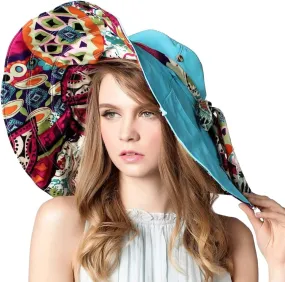 Reversible Large Brim Floppy Sun Hat Foldable Bucket Beach Hat Anti-UV Travel Boho Cap for Women Chin Strap