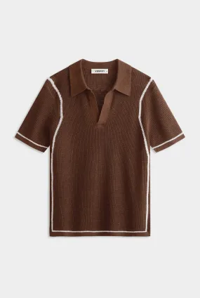 Rib Knit Open Neck Polo - Cocoa/Off White Border