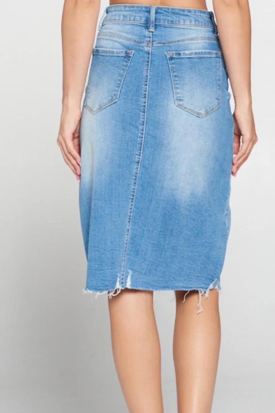 Rissa Blue Washed Denim Light Distressed Skirt