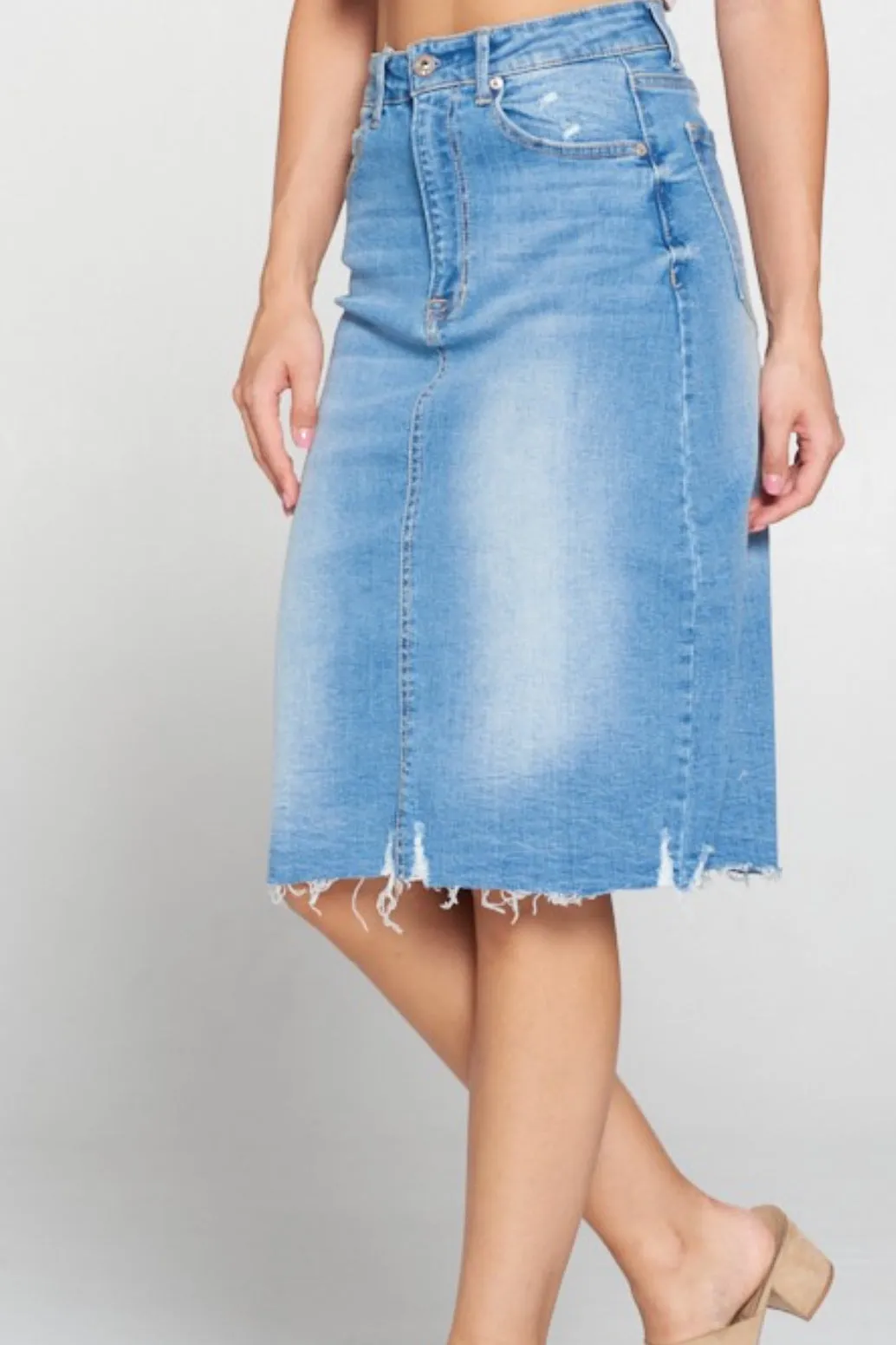 Rissa Blue Washed Denim Light Distressed Skirt