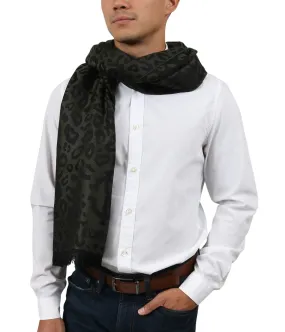 Roberto Cavalli ESZ029 04000 Military Green Wool Blend Leopard Print Mens Scarf