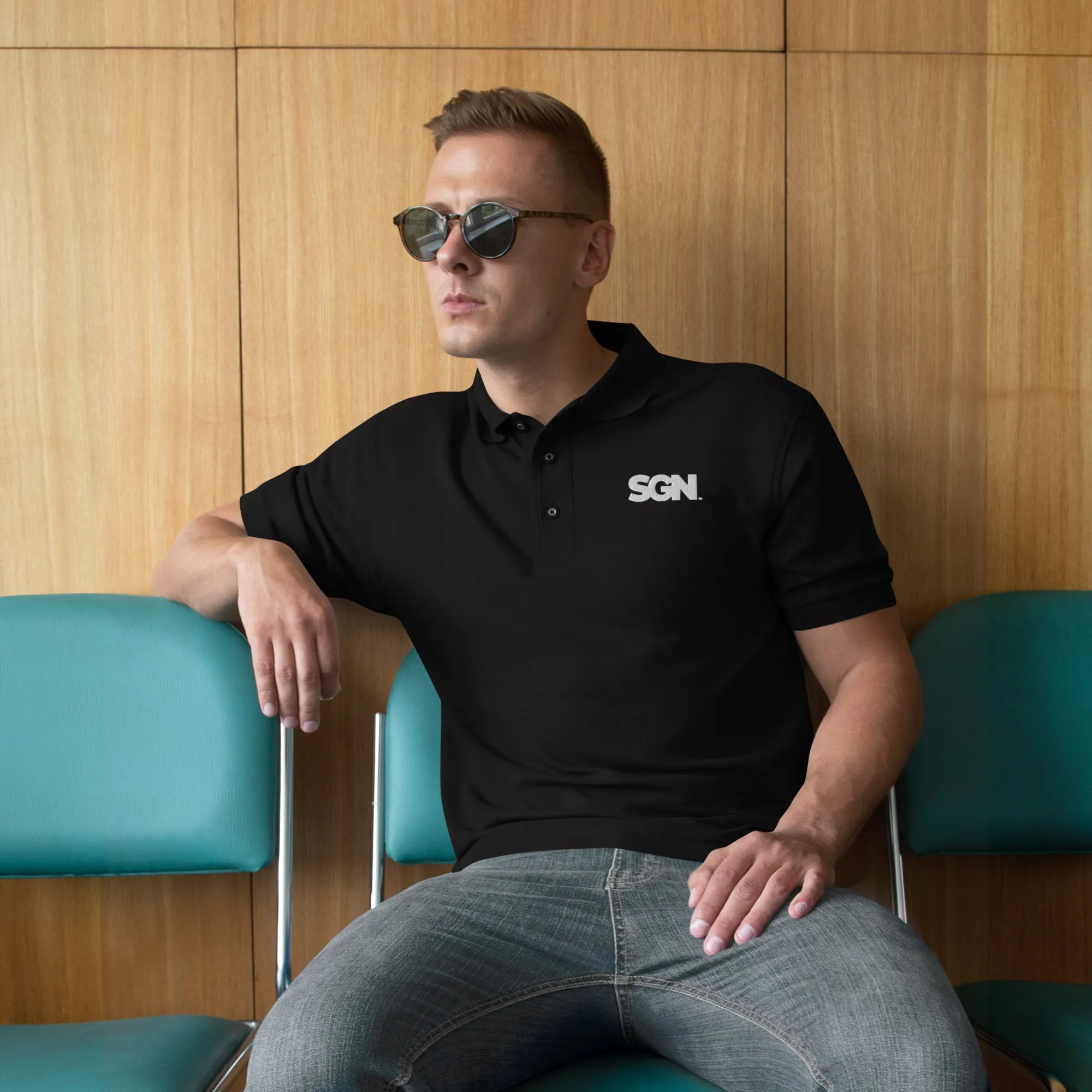 SGN Embroidered Polo Shirt, White Logo, Traditional Boxy Flat Chest Fit, Right Side Buttons