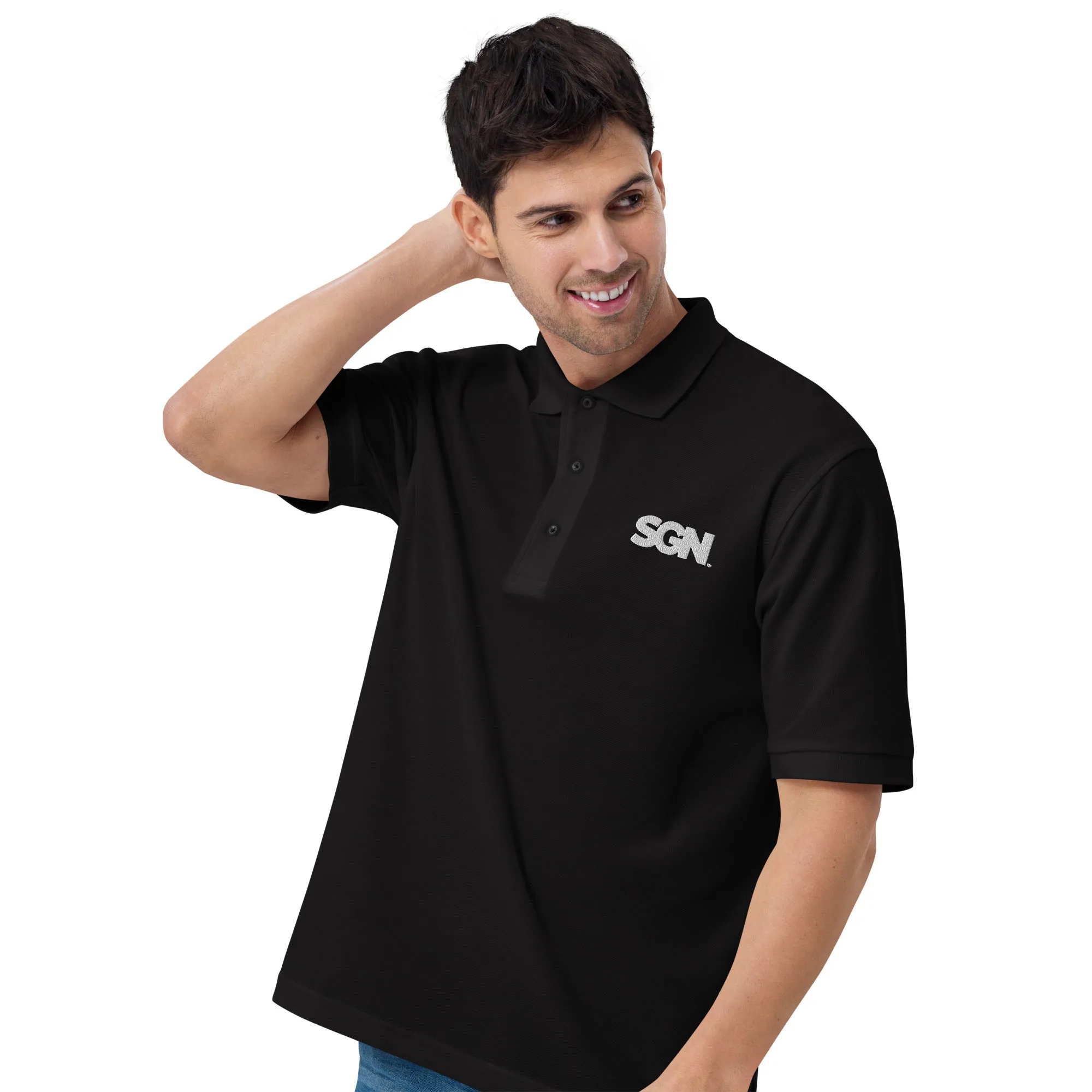SGN Embroidered Polo Shirt, White Logo, Traditional Boxy Flat Chest Fit, Right Side Buttons
