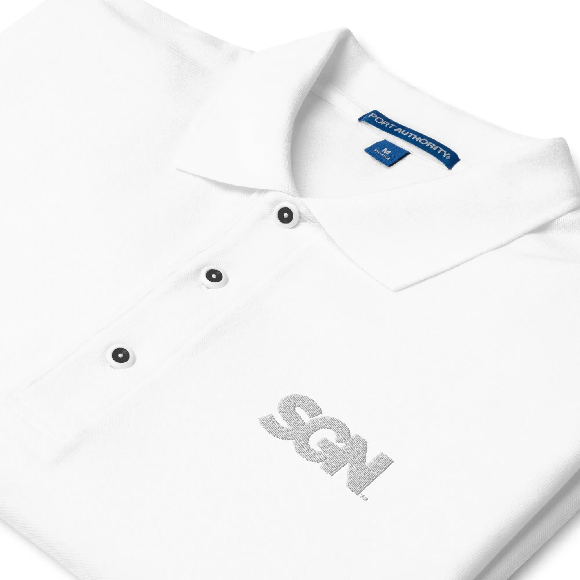 SGN Embroidered Polo Shirt, White Logo, Traditional Boxy Flat Chest Fit, Right Side Buttons