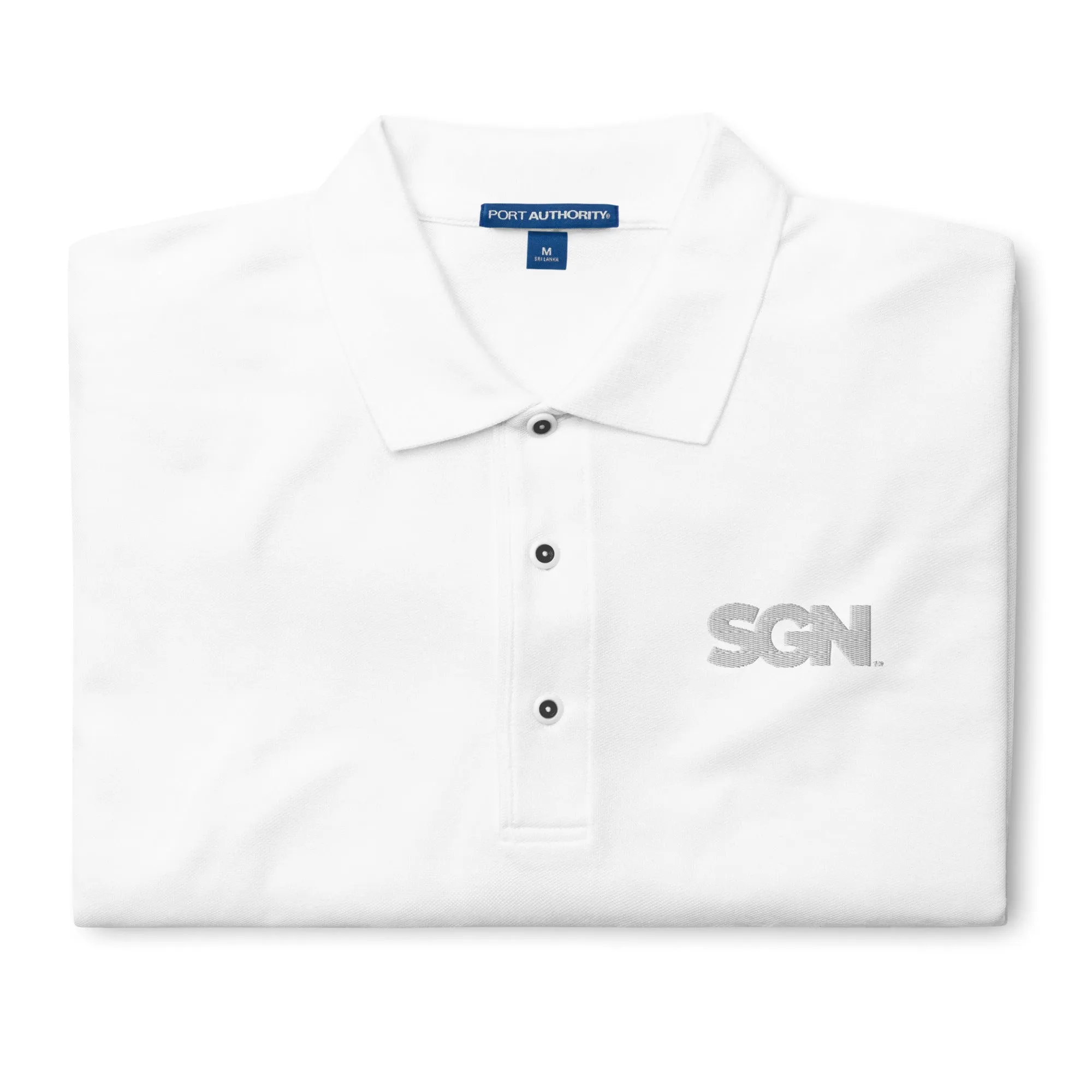 SGN Embroidered Polo Shirt, White Logo, Traditional Boxy Flat Chest Fit, Right Side Buttons