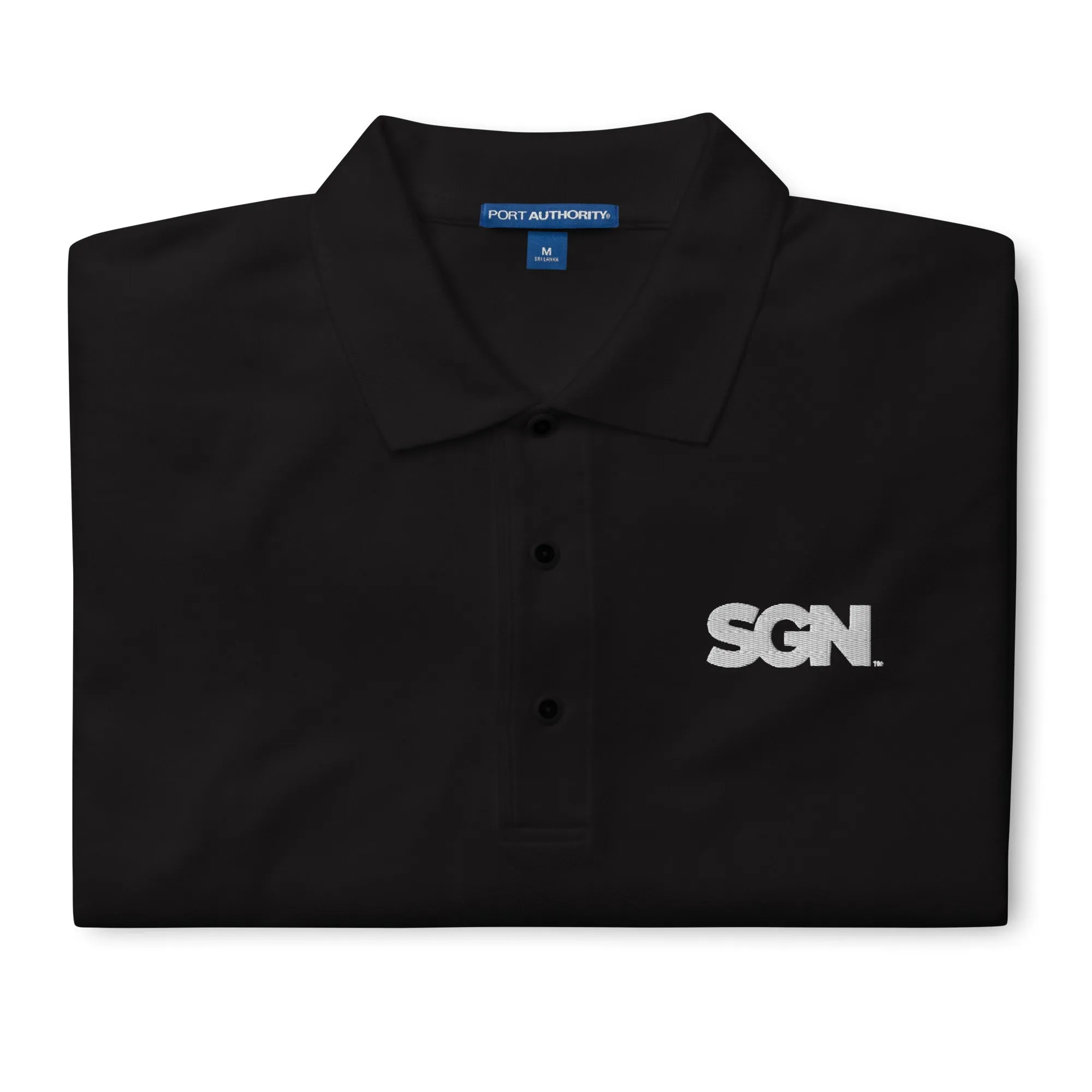 SGN Embroidered Polo Shirt, White Logo, Traditional Boxy Flat Chest Fit, Right Side Buttons