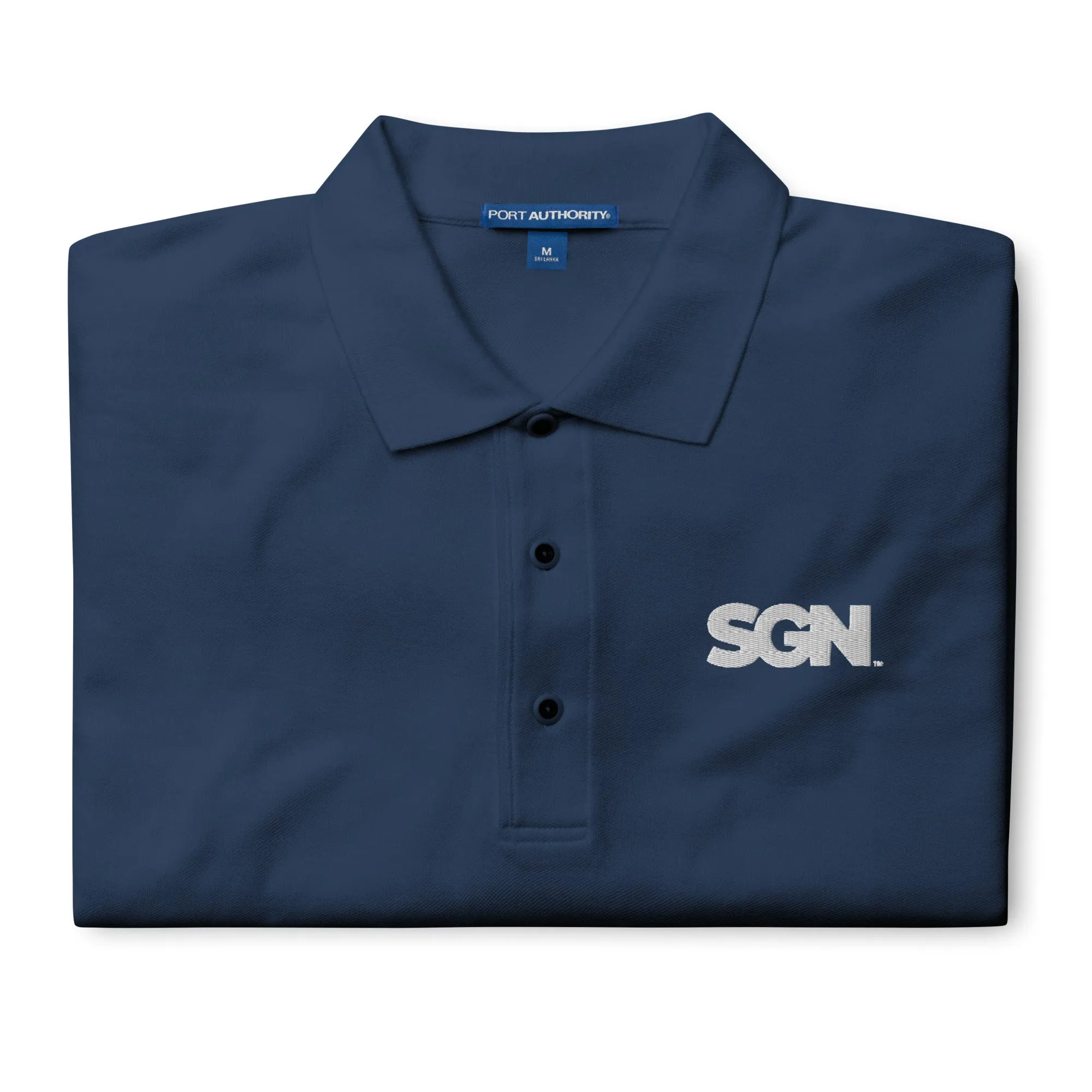SGN Embroidered Polo Shirt, White Logo, Traditional Boxy Flat Chest Fit, Right Side Buttons