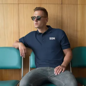 SGN Embroidered Polo Shirt, White Logo, Traditional Boxy Flat Chest Fit, Right Side Buttons