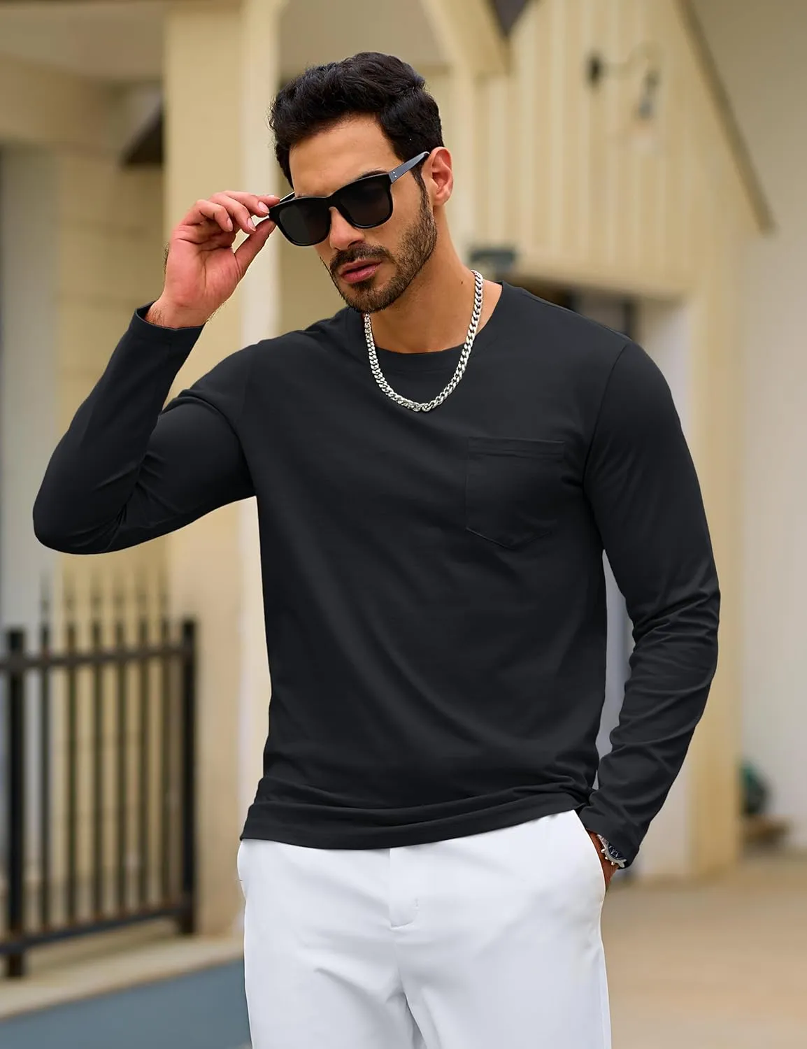 TACVASEN Men's Long Sleeve Pocket Tee Shirts Lightweight Breathable Cotton Crew Neck Casual Work Shirts for Summer