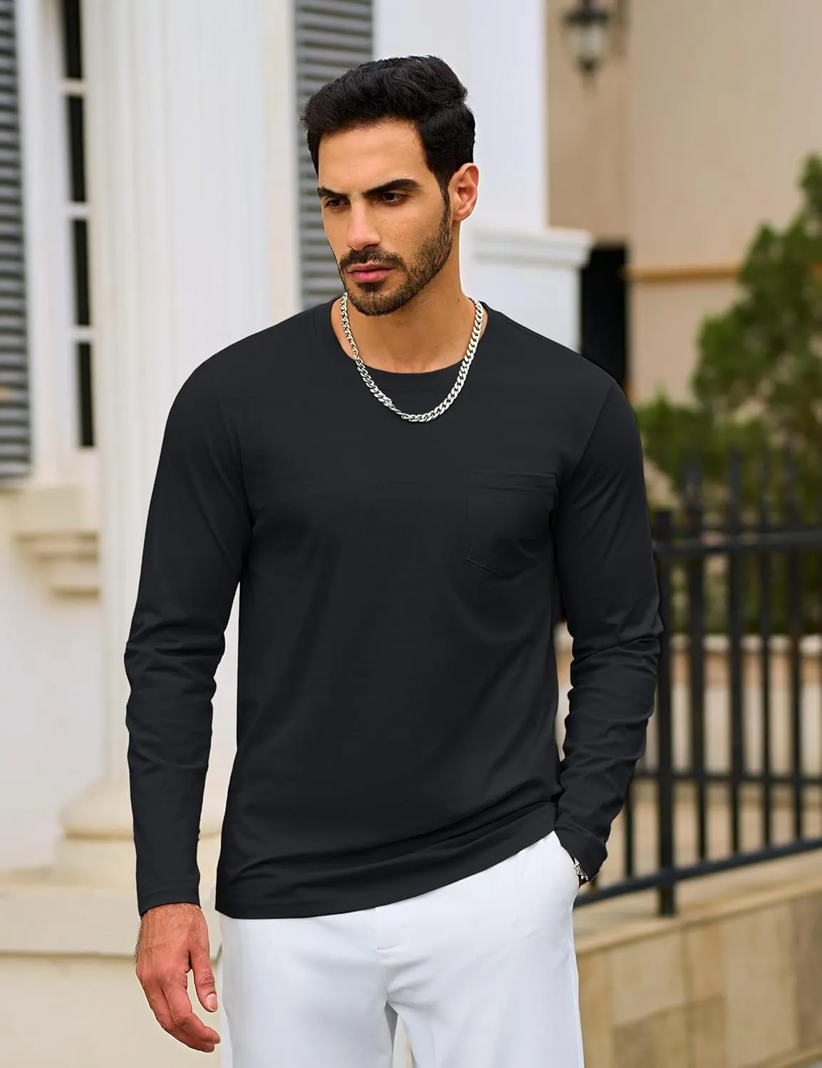 TACVASEN Men's Long Sleeve Pocket Tee Shirts Lightweight Breathable Cotton Crew Neck Casual Work Shirts for Summer