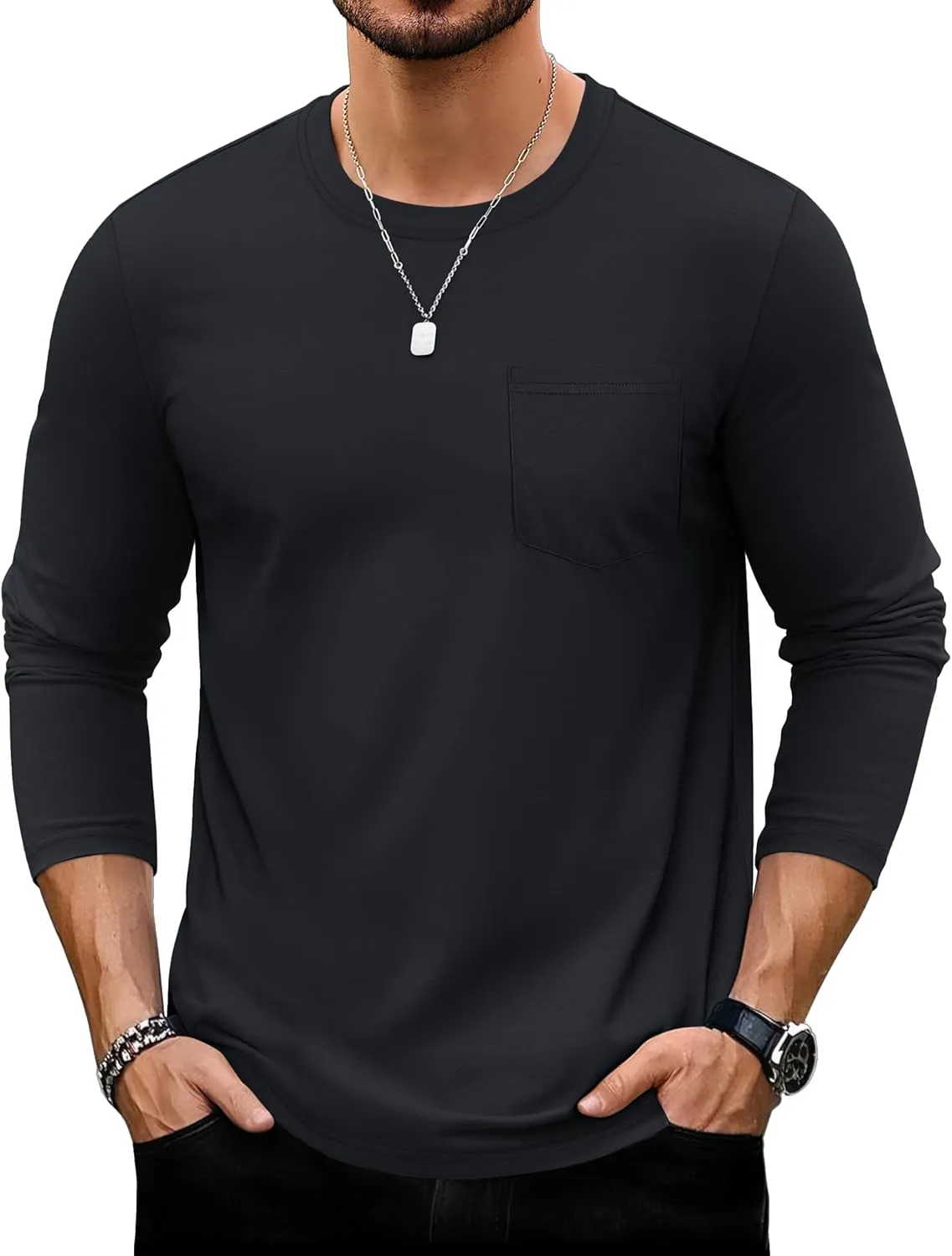 TACVASEN Men's Long Sleeve Pocket Tee Shirts Lightweight Breathable Cotton Crew Neck Casual Work Shirts for Summer