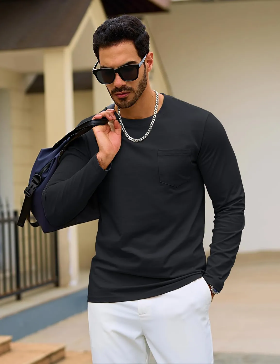 TACVASEN Men's Long Sleeve Pocket Tee Shirts Lightweight Breathable Cotton Crew Neck Casual Work Shirts for Summer