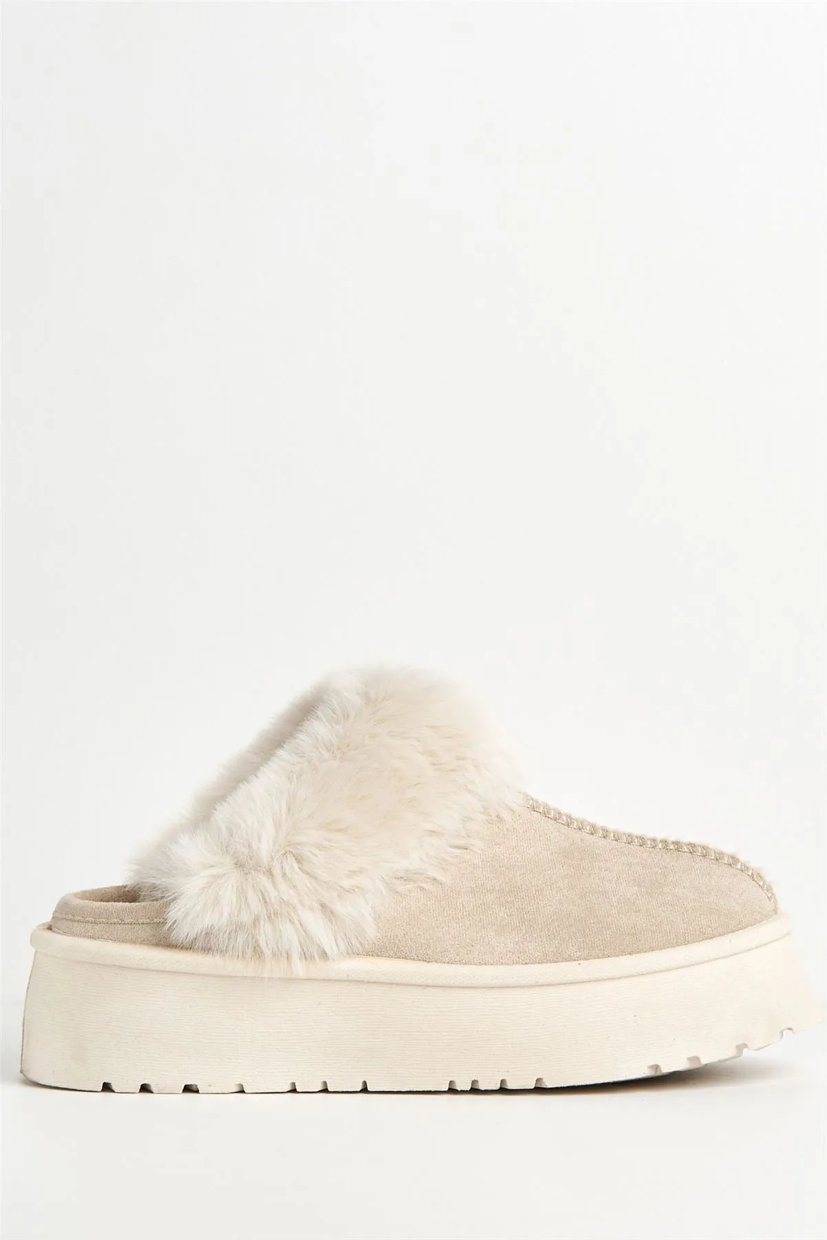 Ursella Faux Fur Lining Flatform Slippers in Sand