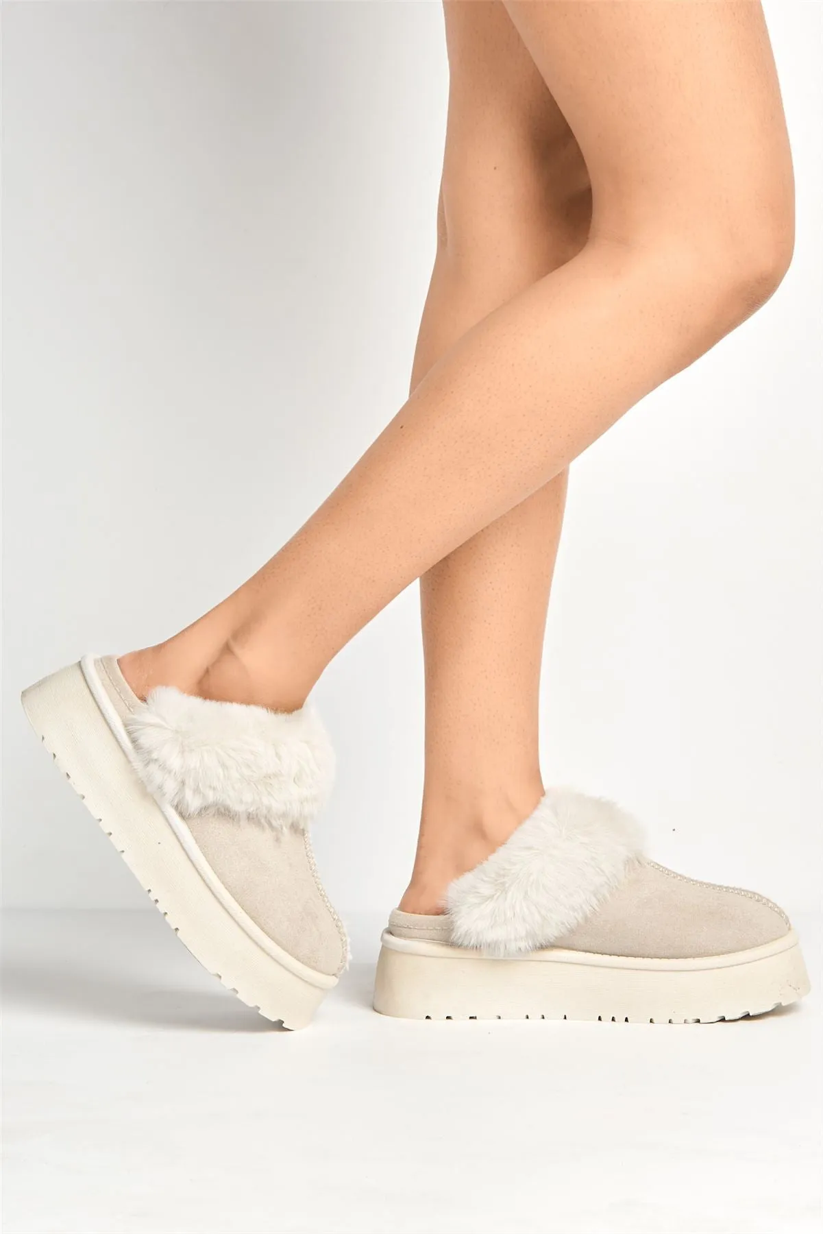 Ursella Faux Fur Lining Flatform Slippers in Sand