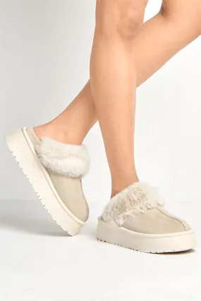 Ursella Faux Fur Lining Flatform Slippers in Sand