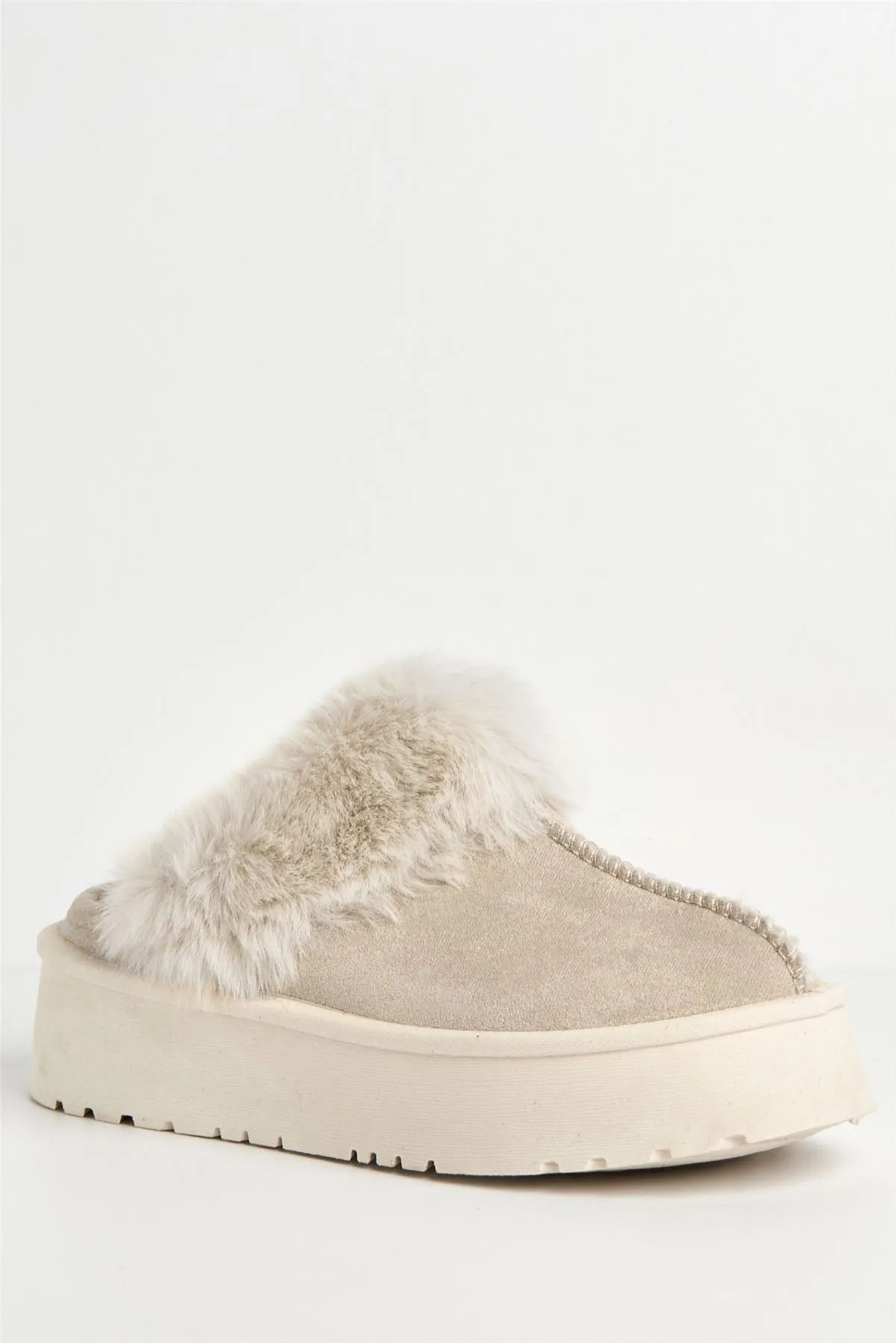 Ursella Faux Fur Lining Flatform Slippers in Sand