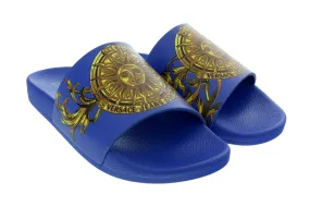 Versace Jeans Couture Electric Blue Baroque Print Wide Strap Sandals-