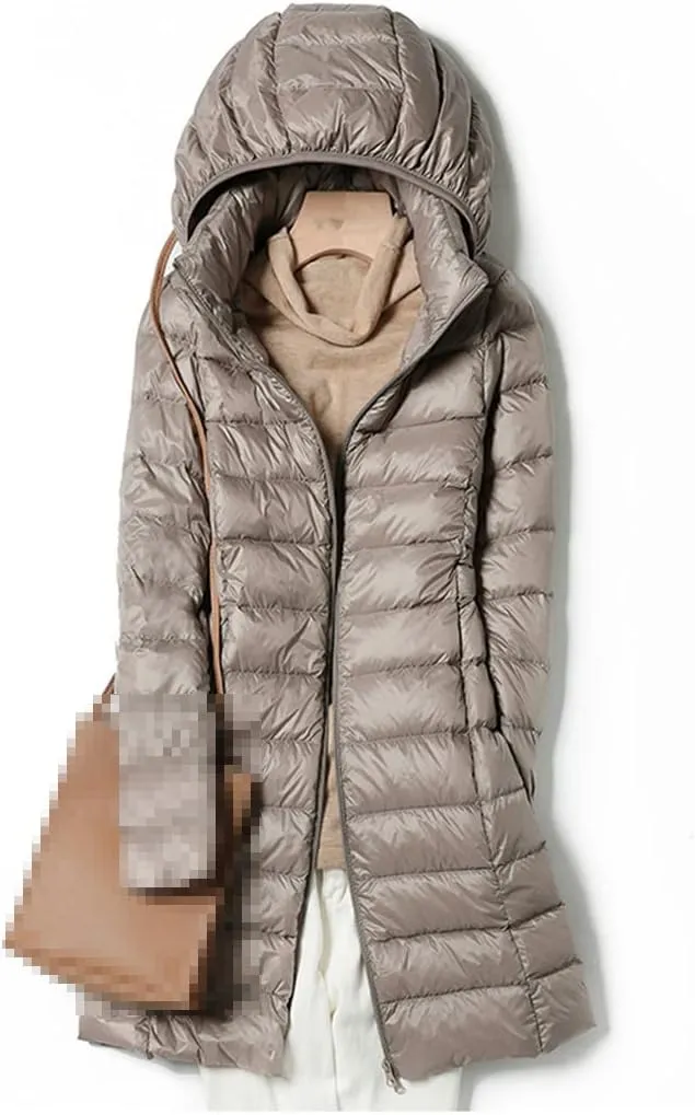 Winter Womens Down Jackets Long Ultra Light Thin Casual Puffer Coat Slim Remove Hooded Parka