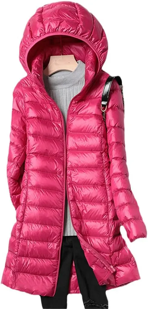 Winter Womens White Duck Down Jackets Long Ultra Light Thin Casual Puffer Coat Slim Hooded Parka
