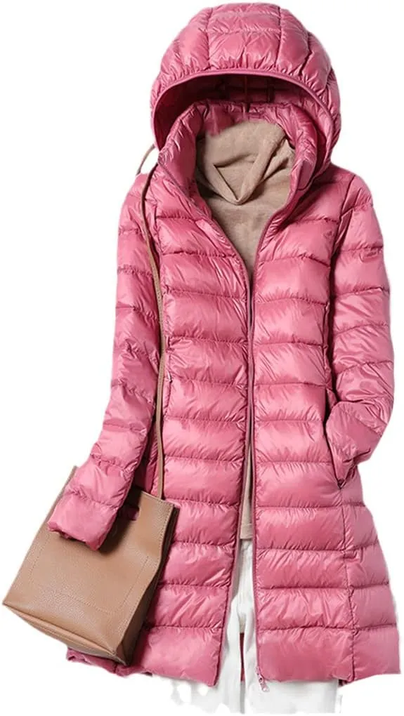 Winter Womens White Duck Down Jackets Long Ultra Light Thin Casual Puffer Coat Slim Hooded Parka