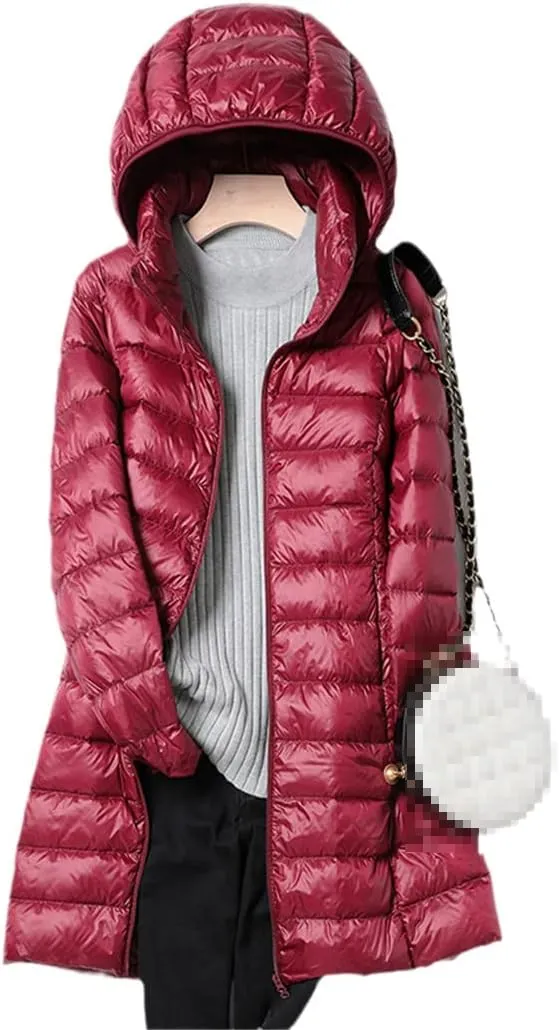 Winter Womens White Duck Down Jackets Long Ultra Light Thin Casual Puffer Coat Slim Hooded Parka