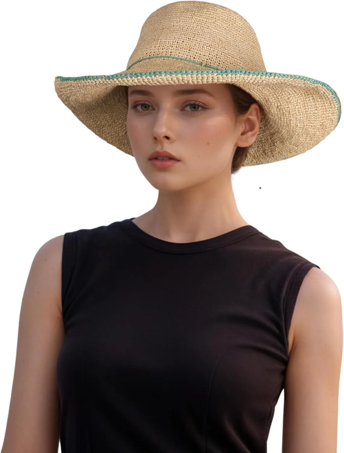 Women Crochet Wide Brim Sun Hat | Women's Madagascan Raffia Wallaroo Camille Hat | Handwoven Foldable Summer Wedding Hat