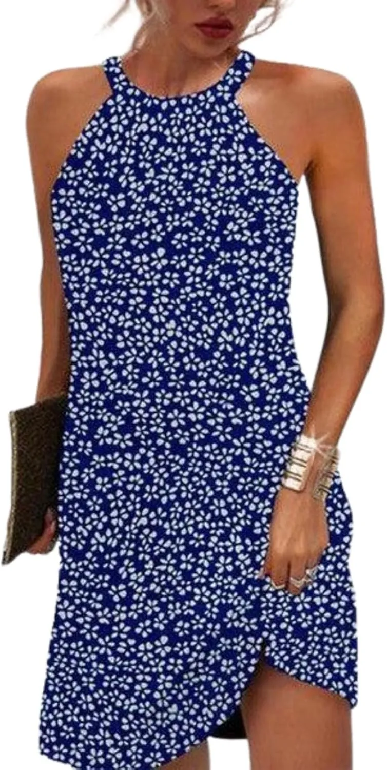 Women's 2025 Summer Stylish Halter Sleeveless Midi Dresses Floral Print High Waisted Slim Fit Beach Vacation Shift Dress