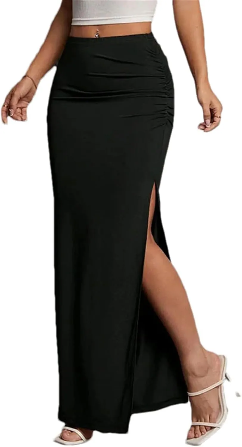 Women's Black Slim Skirt Casual Chic Side Slit High Waist Midi Skirt