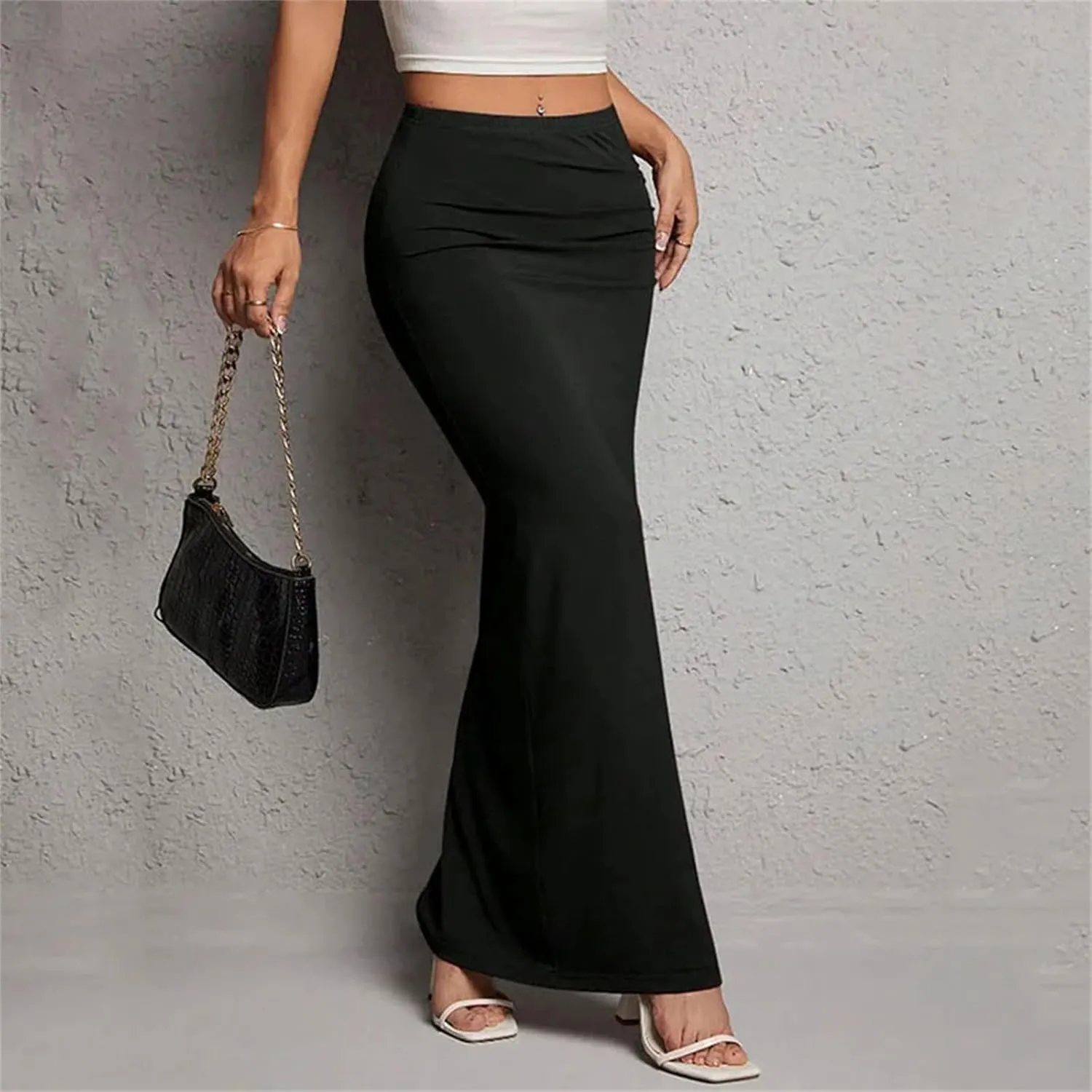 Women's Black Slim Skirt Casual Chic Side Slit High Waist Midi Skirt