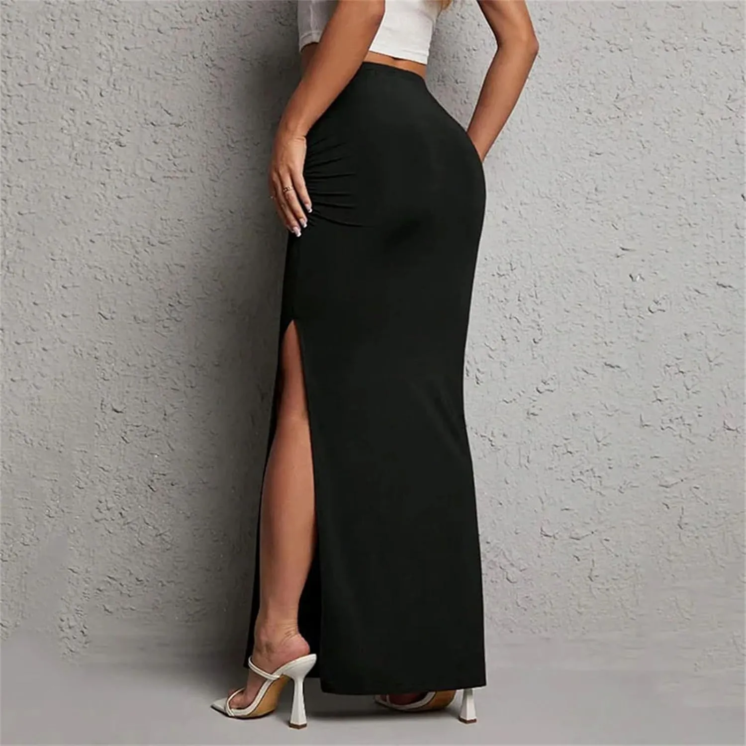 Women's Black Slim Skirt Casual Chic Side Slit High Waist Midi Skirt