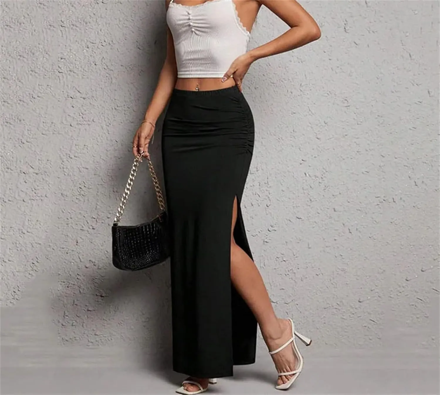 Women's Black Slim Skirt Casual Chic Side Slit High Waist Midi Skirt
