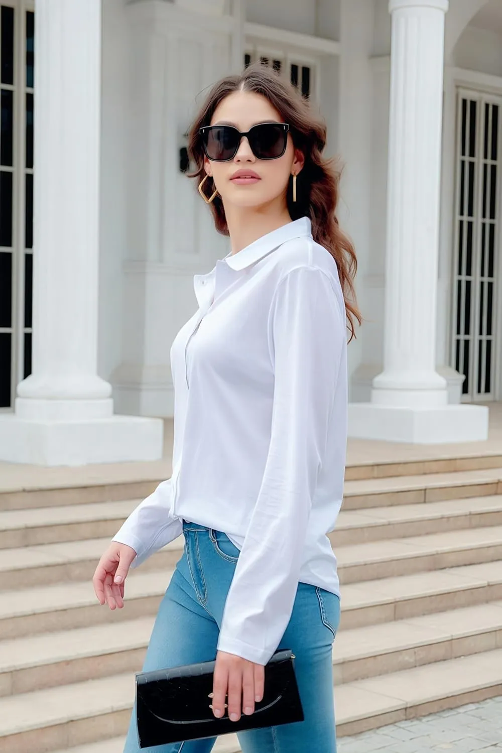Women's Cotton Basic Button Down Shirt Long Sleeve Wrinkle Free Collared Blouse Lightweight Soft Comfortable Jersey Knit Tops